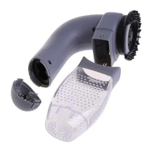Escova Electric Pet Hair Portable Pet Massage Cleaning Brush desmontada em plástico cinza com reservatório transparente para limpeza, ideal para cuidados naturais e bem-estar animal.