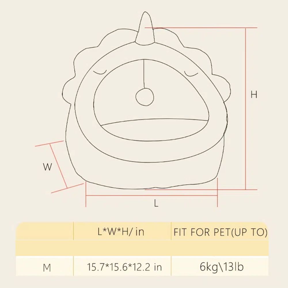 Desenho esquemático do "Adorable Dinosaur Pet House with Toy" com dimensões indicadas para animais de até 6 kg, ilustrando suplemento premium naturais para energia, vitalidade e saúde cognitiva.