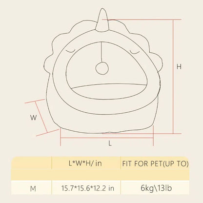 Desenho esquemático do "Adorable Dinosaur Pet House with Toy" com dimensões indicadas para animais de até 6 kg, ilustrando suplemento premium naturais para energia, vitalidade e saúde cognitiva.