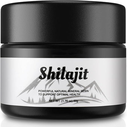 Frasco preto elegante de Pure Himalayan Organic Shilajit Resin, suplementos premium naturais para energia, vitalidade e saúde cognitiva, desenvolvidos para o mercado português.
