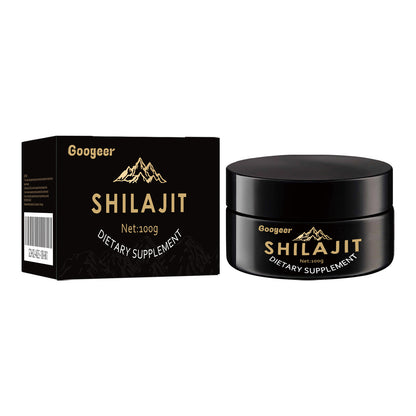 Embalagem preta elegante com suplemento Googeer Shilajit Dietary Supplement Body Care Solution, suplementos premium naturais para energia, vitalidade e saúde cognitiva.