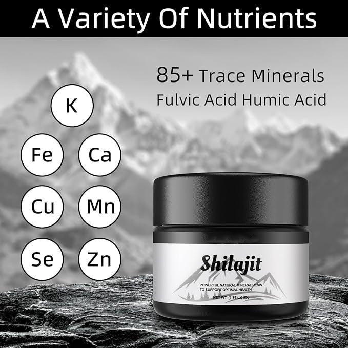 Frasco de Pure Himalayan Organic Shilajit Resin com minerais essenciais e ácido fúlvico e húmico, suplementos premium naturais para energia, vitalidade e saúde cognitiva.