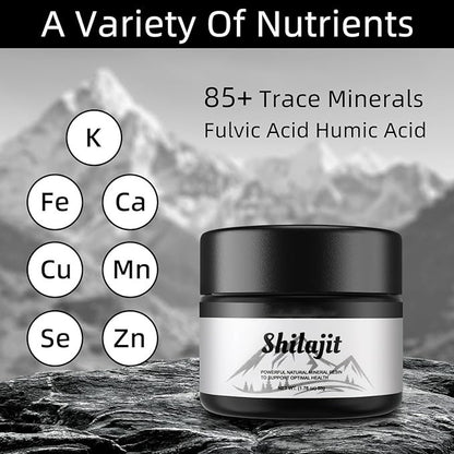Frasco de Pure Himalayan Organic Shilajit Resin com minerais essenciais e ácido fúlvico e húmico, suplementos premium naturais para energia, vitalidade e saúde cognitiva.