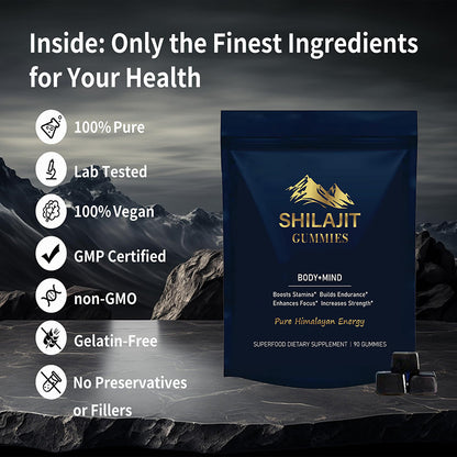 Imagem promocional do produto 90 Tablets Of Xilaizhi Soft Candy SHILAJIT, suplementos premium naturais para energia, vitalidade e saúde cognitiva com ingredientes puros, veganos e certificados.