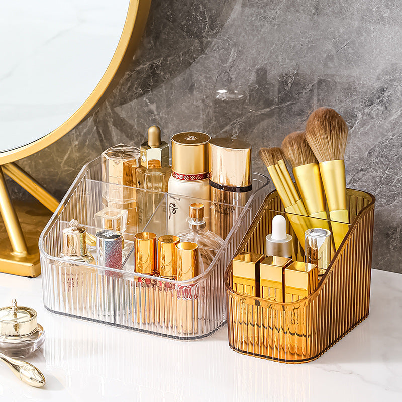 Multi-grid desktop storage box Cosmetics sorting box Storage box em acrílico transparente e dourado, organizador elegante para suplementos premium naturais para energia, vitalidade e saúde cognitiva.