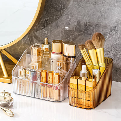Multi-grid desktop storage box Cosmetics sorting box Storage box em acrílico transparente e dourado, organizador elegante para suplementos premium naturais para energia, vitalidade e saúde cognitiva.