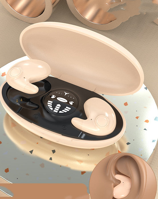 Fone Bluetooth sem fio visto por trás, detalhe da haste e do encaixe auricular