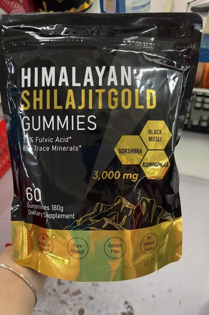 Embalagem preta e dourada de Kidney Support Shilajit Gummies, suplementos premium naturais para energia, vitalidade e saúde cognitiva, contendo 60 gomas com ingredientes como ácidos fúlvicos e minerais traço.