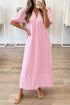 Mulher usando Pink Stripe V Neck Short Sleeve Shift Long Dress com padrão listrado rosa e branco, estilo casual e elegante para o dia a dia, complementando suplementos premium naturais para energia.