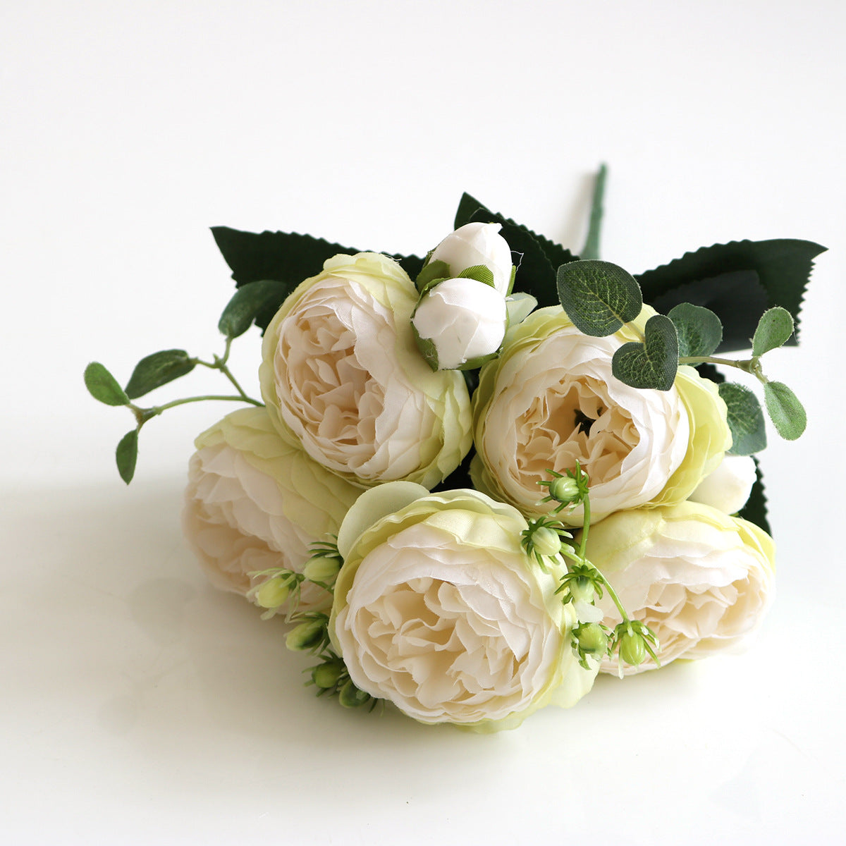 5 Small Peonies Korean Small Bouquets 5 Philips Rose Simulation Flowers Household Wedding Rose Bouquets em tom creme com detalhes verdes, ideal para decoração delicada, combinando beleza e elegância natural com suplementos premium naturais para energia, vitalidade  e saúde cognitiva, desenvolvidos para o mercado português.