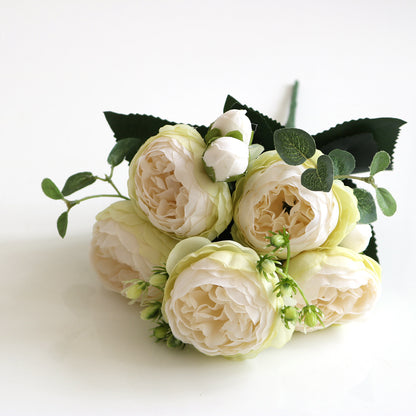 5 Small Peonies Korean Small Bouquets 5 Philips Rose Simulation Flowers Household Wedding Rose Bouquets em tom creme com detalhes verdes, ideal para decoração delicada, combinando beleza e elegância natural com suplementos premium naturais para energia, vitalidade  e saúde cognitiva, desenvolvidos para o mercado português.