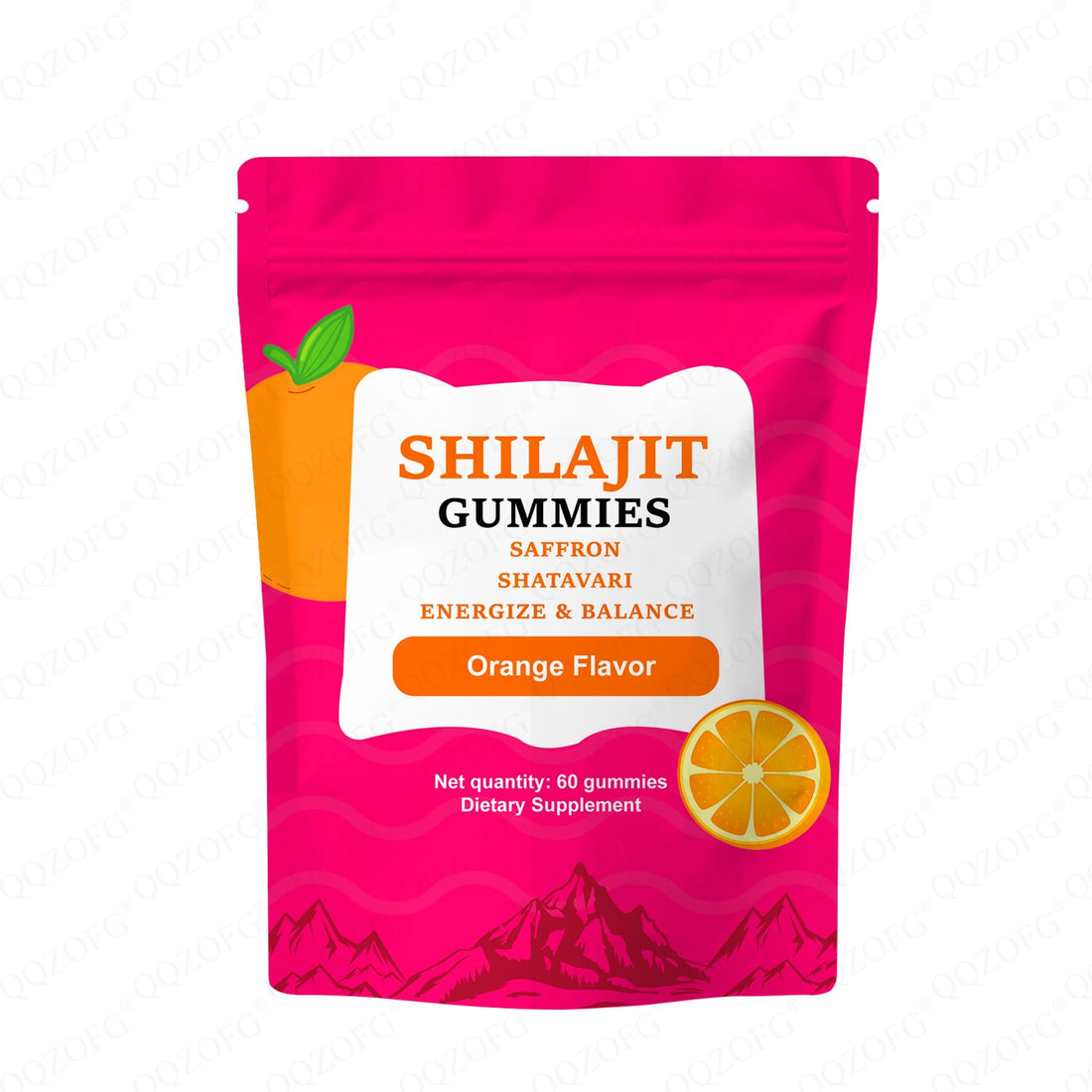 Embalagem vibrante do Shilajit Gummies Orange Flavor 60 Gummies, suplementos premium naturais para energia, vitalidade e saúde cognitiva, ideal para o mercado português.