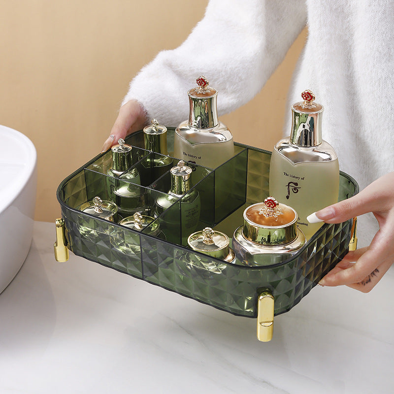 Desktop Cosmetics Storage Rack Storage Box em plástico verde translúcido com compartimentos organizadores, ideal para armazenar suplementos premium naturais para energia, vitalidade e saúde cognitiva.