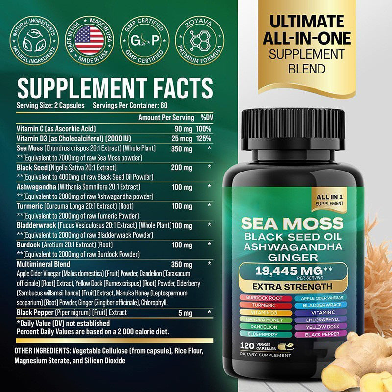 Frasco de Seamoss And Shilajit Capsules, suplemento premium natural para energia, vitalidade e saúde cognitiva, com fórmula avançada incluindo vitaminas, minerais e adaptogénios.