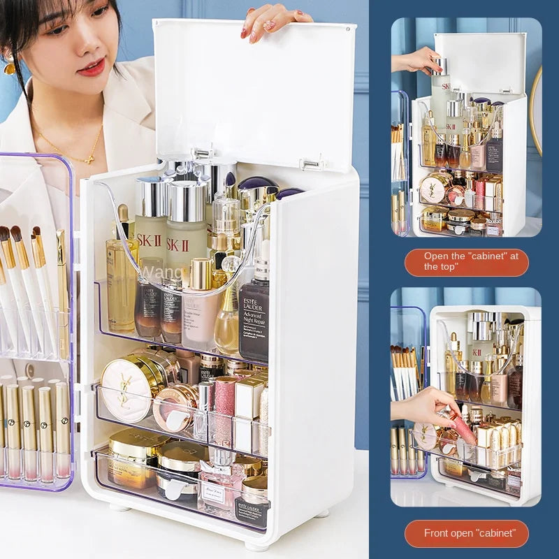 Cosmetics storage cabinet, desktop large capacity drawer type cosmetics storage box branco aberto, organizador para suplementos premium naturais para energia, vitalidade e saúde cognitiva.