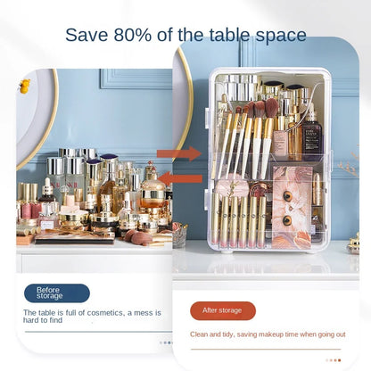 Cosmetics storage cabinet, desktop large capacity drawer type cosmetics storage box organizado com pincéis, cosméticos e frascos, otimizando espaço e promovendo bem-estar natural.