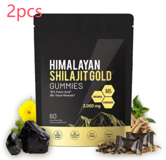 Embalagem preta de Kidney Support Shilajit Gummies com 60 gomas naturais, apresentando ingredientes como shilajit puro, minerais e extratos herbais, suplemento premium para energia, vitalidade e saúde cognitiva.