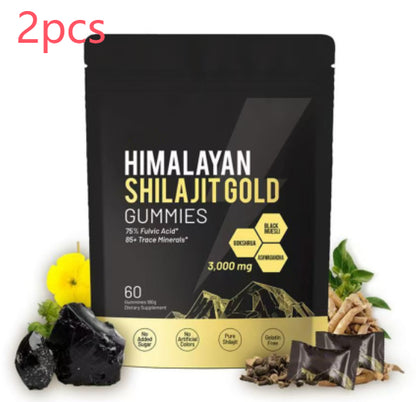 Embalagem preta de Kidney Support Shilajit Gummies com 60 gomas naturais, apresentando ingredientes como shilajit puro, minerais e extratos herbais, suplemento premium para energia, vitalidade e saúde cognitiva.