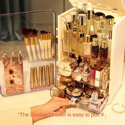 Cosmetics storage cabinet, desktop large capacity drawer type cosmetics storage box organizado com pincéis de maquiagem, batons e frascos de cosméticos dourados, refletindo suplementos premium naturais para energia, vitalidade  e saúde cognitiva, desenvolvidos para o mercado português.