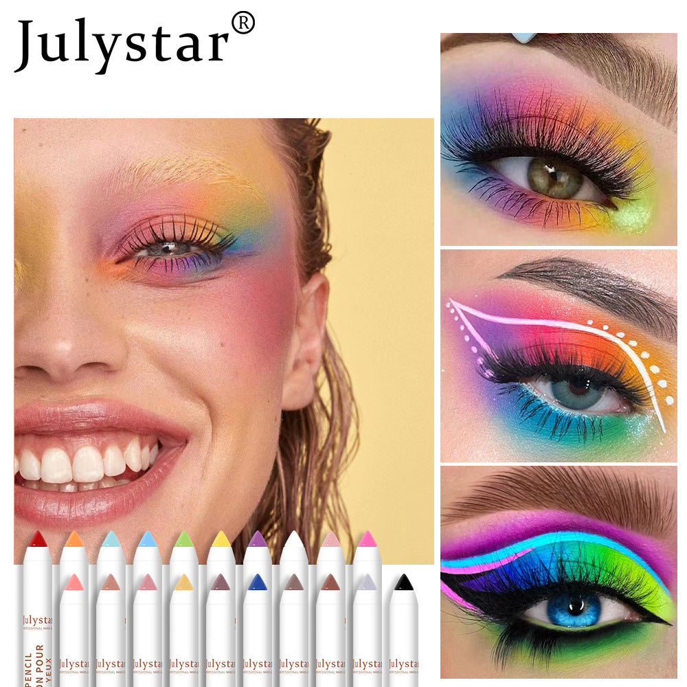 Imagem com várias cores vibrantes aplicadas em olhos e rosto, destacando o uso do Cosmetics Monochrome Eyeshadow Beauty Eye Shadow Stick, ideal para criar looks coloridos e artísticos com fórmulas naturais.
