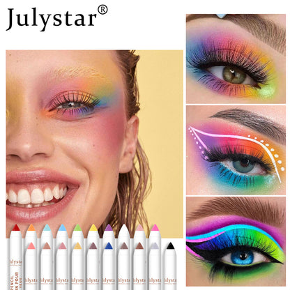 Imagem com várias cores vibrantes aplicadas em olhos e rosto, destacando o uso do Cosmetics Monochrome Eyeshadow Beauty Eye Shadow Stick, ideal para criar looks coloridos e artísticos com fórmulas naturais.
