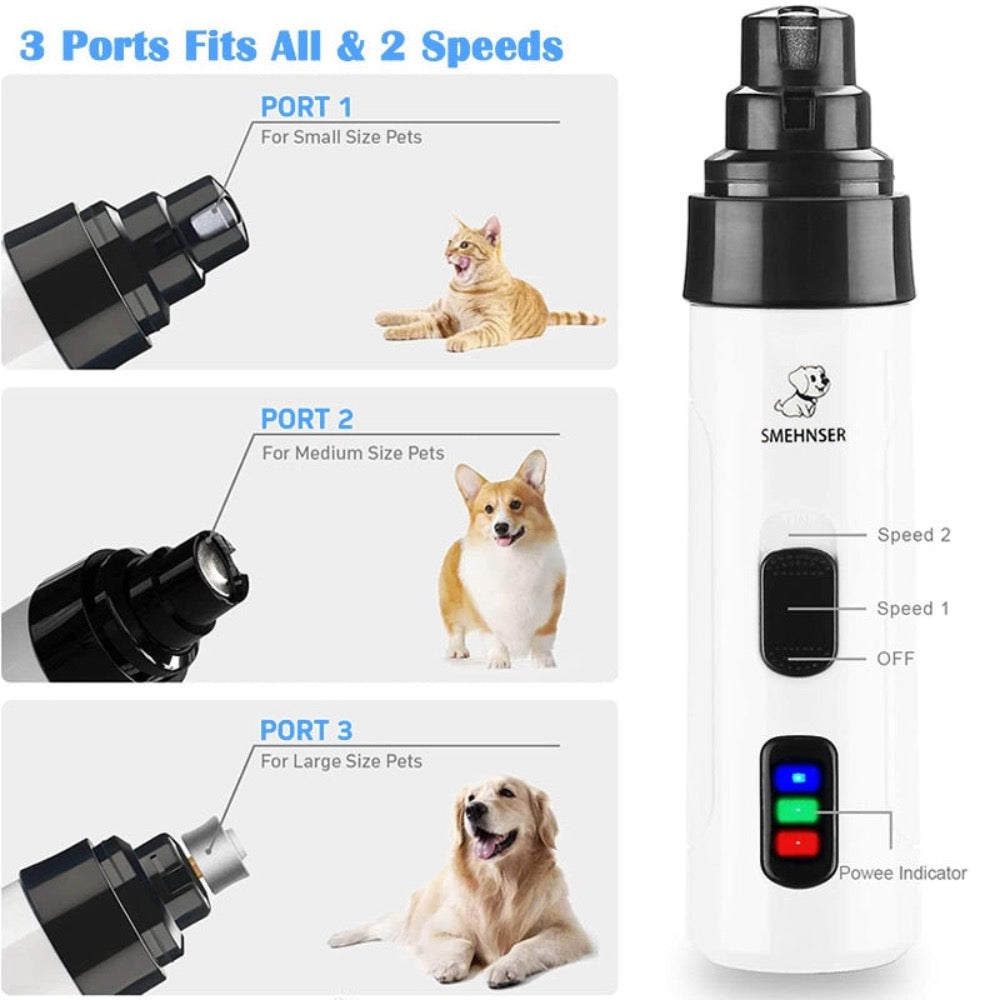 Imagem detalhada de Cordless Pet Nail Trimmers com três portas adaptáveis para unhas de animais pequenos, médios e grandes, mostrando design moderno e indicadores de velocidade, ideal para cuidados com animais.