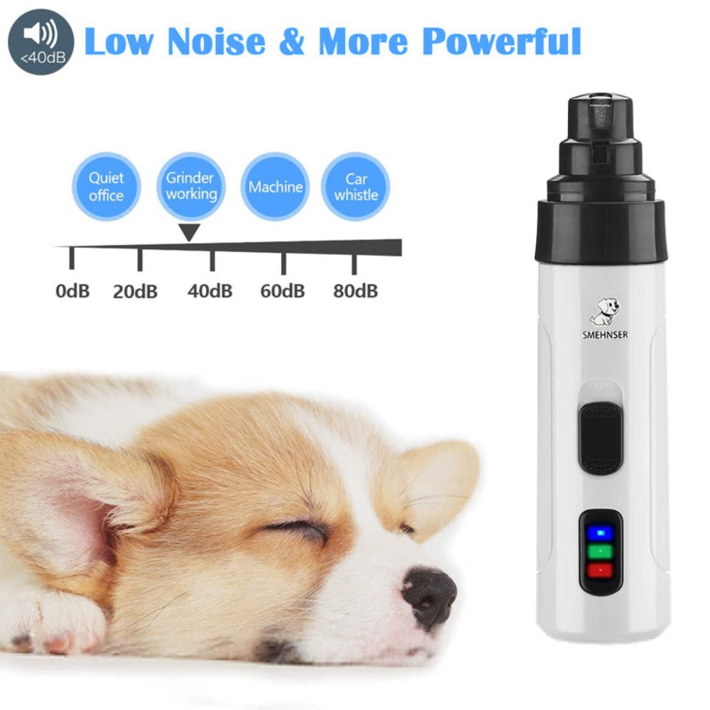 Cordless Pet Nail Trimmers branco com botão preto ao lado de cão dormindo, destacando funcionamento silencioso abaixo de 40dB, ideal para conforto e bem-estar natural do pet.