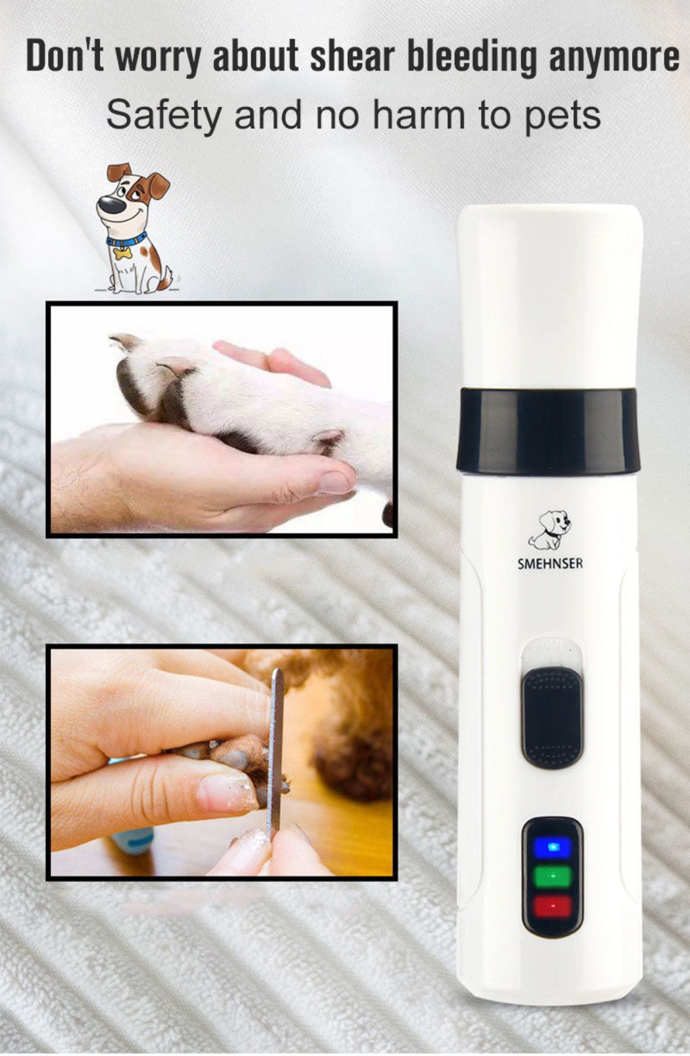 Aparelho branco moderno para cortar unhas de animais com segurança, mostrando uso em pata de cão, destacando a tecnologia dos Cordless Pet Nail Trimmers.
