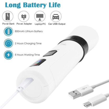 Cordless Pet Nail Trimmers branco com cabo USB para recarga, destacando bateria de lítio 800mAh, 2 horas de carregamento e 8 horas de uso contínuo, suplementos premium naturais para energia, vitalidade e saúde cognitiva.