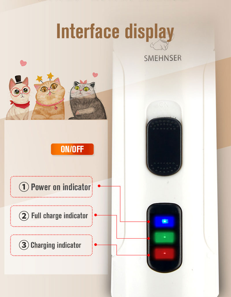Imagem da interface de display do Cordless Pet Nail Trimmers com botões de ligar/desligar e indicadores luminosos para energia, carga completa e carregamento, destacando suplementos premium naturais para energia, vitalidade e saúde cognitiva.