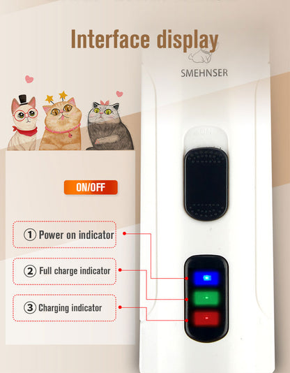 Imagem da interface de display do Cordless Pet Nail Trimmers com botões de ligar/desligar e indicadores luminosos para energia, carga completa e carregamento, destacando suplementos premium naturais para energia, vitalidade e saúde cognitiva.
