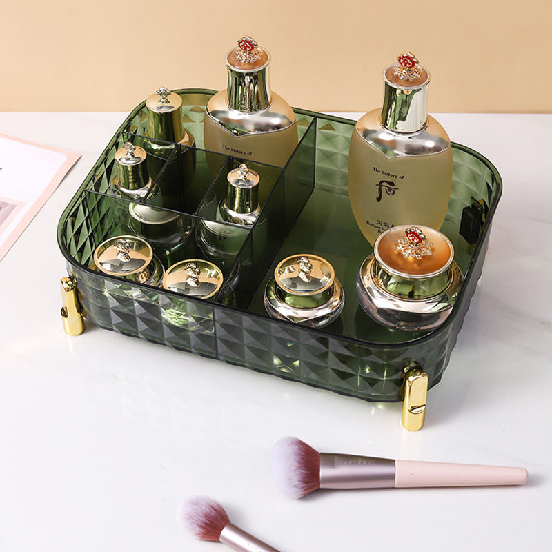 Desktop Cosmetics Storage Rack Storage Box elegante com compartimentos para organizar frascos de suplementos premium naturais para energia, vitalidade e saúde cognitiva, desenvolvido para o mercado português.