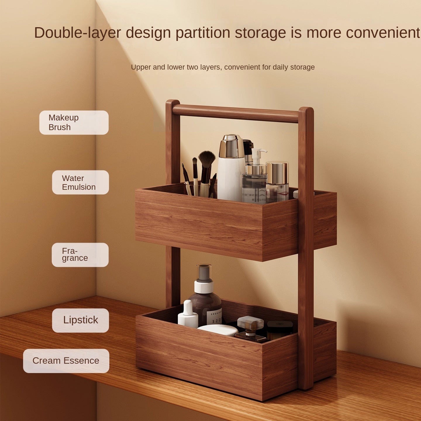 Cosmetics storage box desktop tabletop box em madeira com design de duas camadas para organizar pincéis, cremes, fragrâncias e maquilhagem, ideal para suplementos premium naturais para energia e saúde cognitiva.
