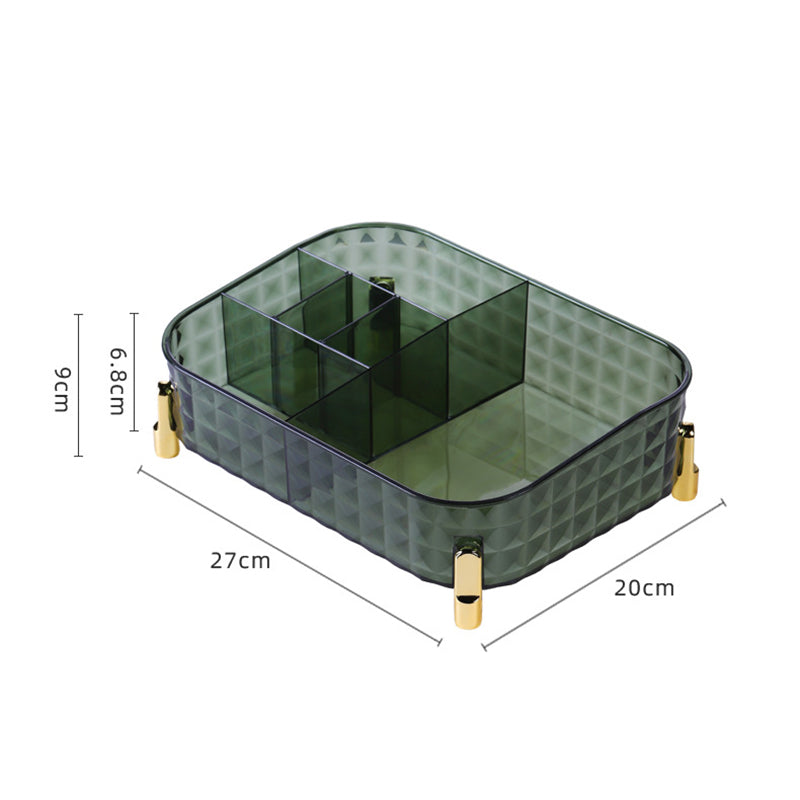 Organizador transparente com divisórias internas e pés dourados, ideal para Desktop Cosmetics Storage Rack Storage Box, facilitando armazenamento de suplementos premium naturais para energia, vitalidade e saúde cognitiva.
