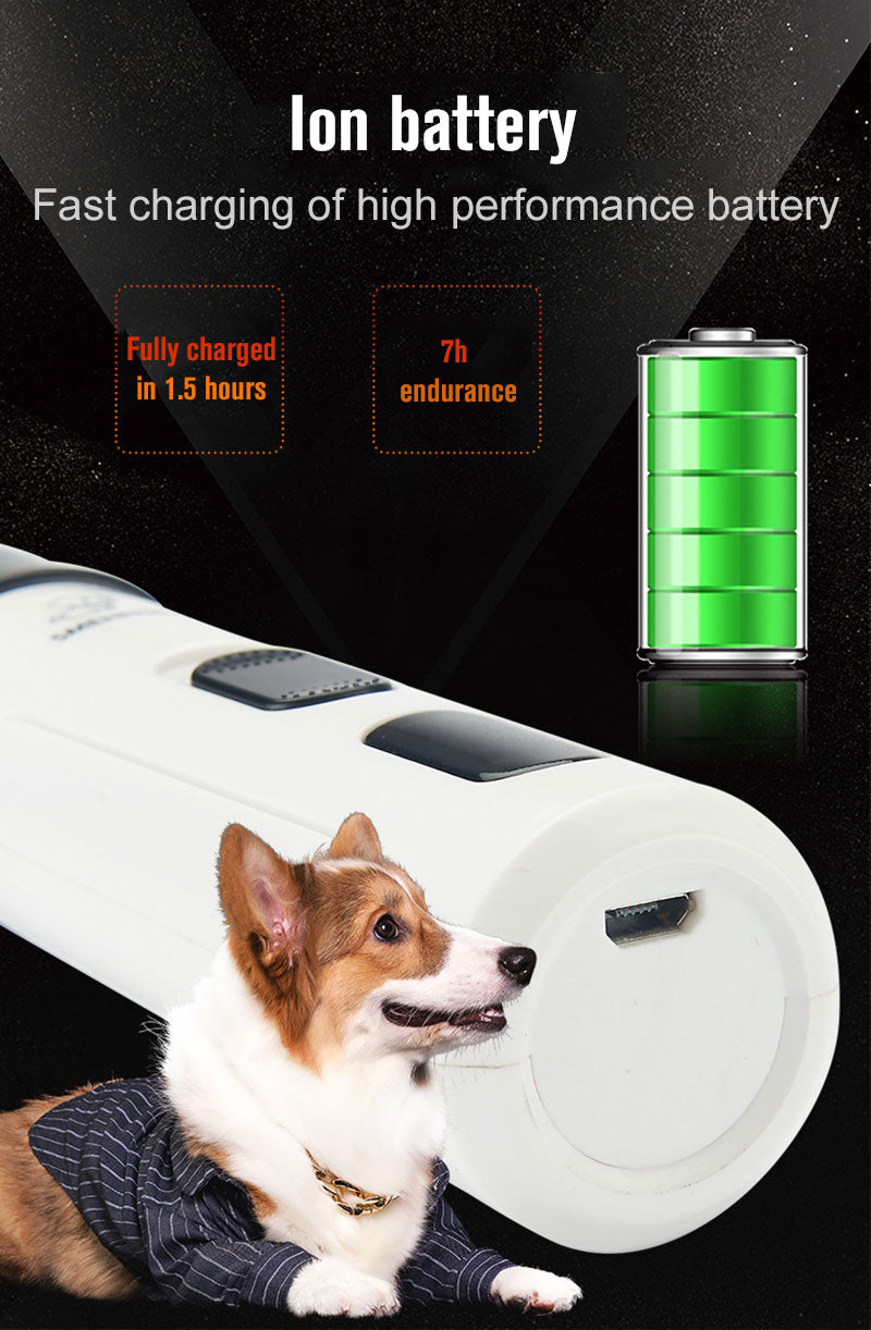 Imagem mostrando "Cordless Pet Nail Trimmers" com bateria de íon carregando rapidamente e cachorro ao lado, destacando suplementos premium naturais para energia, vitalidade e saúde cognitiva.