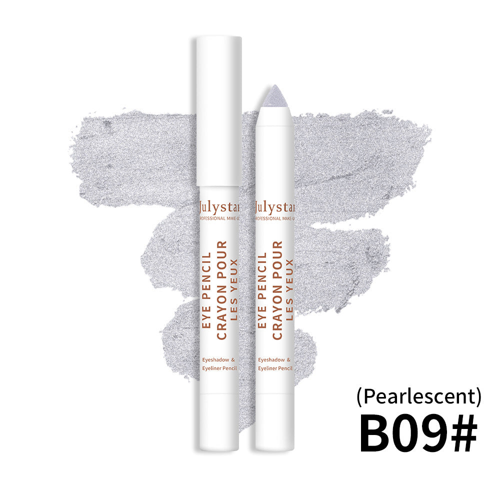 Cosmetics Monochrome Eyeshadow Beauty Eye Shadow Stick aberto com sombra em tom perolado prateado aplicada atrás, destacando textura cremosa e acabamento brilhante.