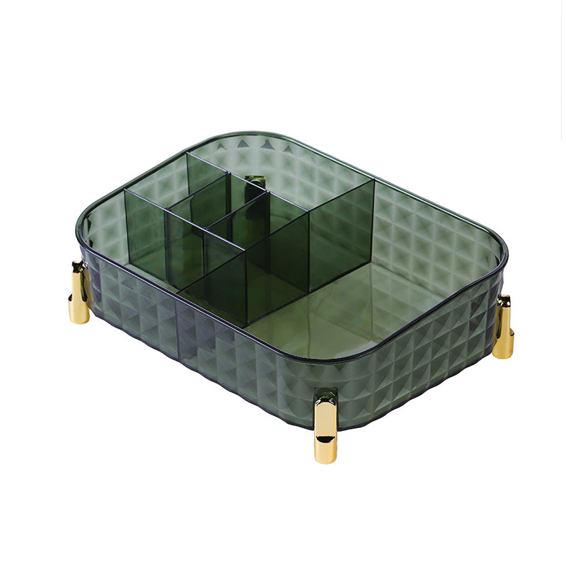 Desktop Cosmetics Storage Rack Storage Box transparente com divisórias internas e pés dourados, ideal para organizar suplementos premium naturais para energia, vitalidade e saúde cognitiva.
