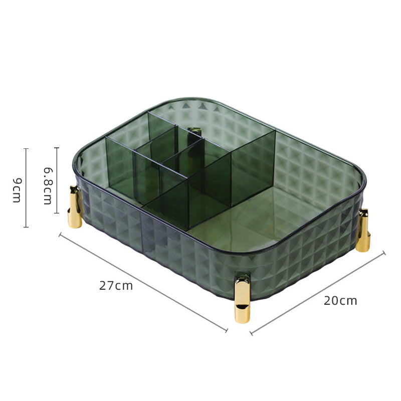Organizador transparente verde com divisórias e pés dourados, ideal para armazenamento de Desktop Cosmetics Storage Rack Storage Box, perfeito para suplementos premium naturais para energia.