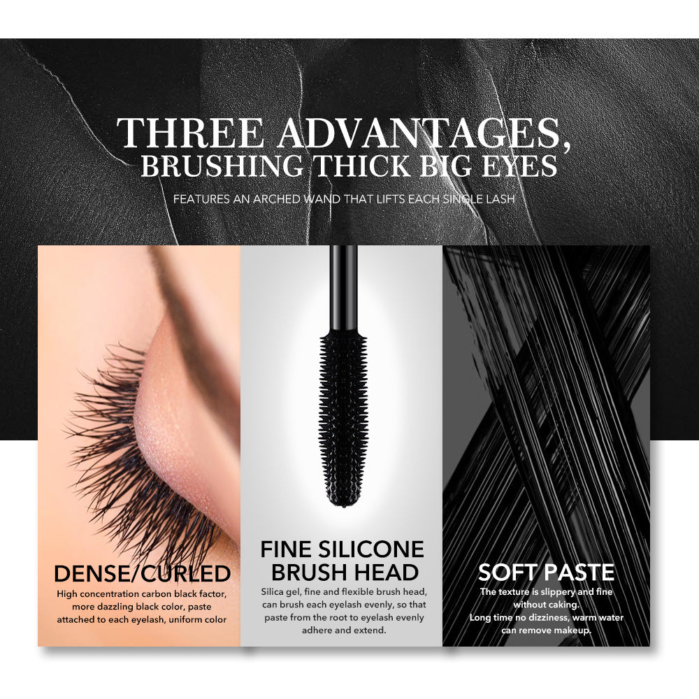 Imagem promocional destacando três vantagens do sMiele Makeup Thicker Imitation Water Mascara Cosmetic: cílios densos e curvados, aplicador de silicone fino e pasta suave, suplementos premium naturais para energia, vitalidade e saúde cognitiva.