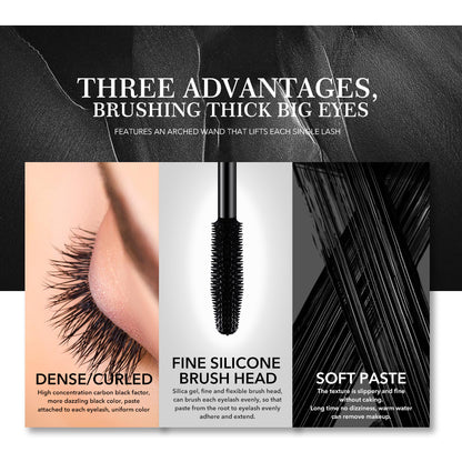 Imagem promocional destacando três vantagens do sMiele Makeup Thicker Imitation Water Mascara Cosmetic: cílios densos e curvados, aplicador de silicone fino e pasta suave, suplementos premium naturais para energia, vitalidade e saúde cognitiva.