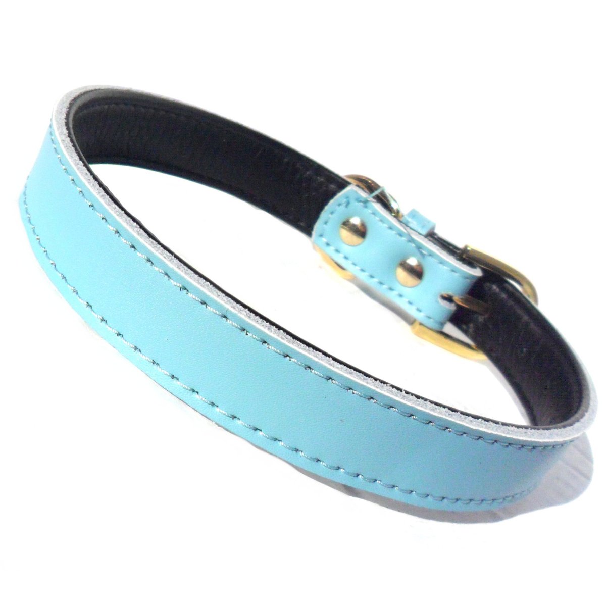 Coleira para cães azul clara em couro com fivela dourada, parte da coleção Plain Chelsea Dog Collars (4 sizes) 8-16", ideal para suplementos premium naturais para energia, vitalidade e saúde cognitiva.