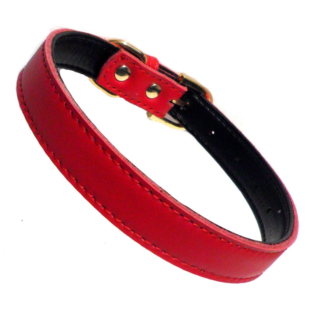 Coleira canina vermelha em couro com fivela dourada, representando o modelo Plain Chelsea Dog Collars (4 sizes) 8-16", ideal para conforto e estilo do seu cão.