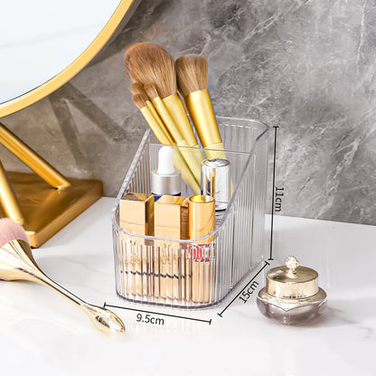 Multi-grid desktop storage box Cosmetics sorting box Storage box transparente com pincéis de maquiagem e frascos de suplementos premium naturais para energia, vitalidade e saúde cognitiva, desenvolvidos para o mercado português.