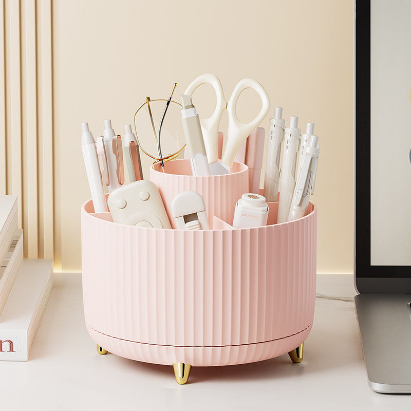Home desktop rotatable dustproof large capacity pen holder storage box bathroom cosmetics sundries storage box rosa com várias canetas e objetos organizados, ideal para suplementos premium naturais para energia, vitalidade e saúde cognitiva.