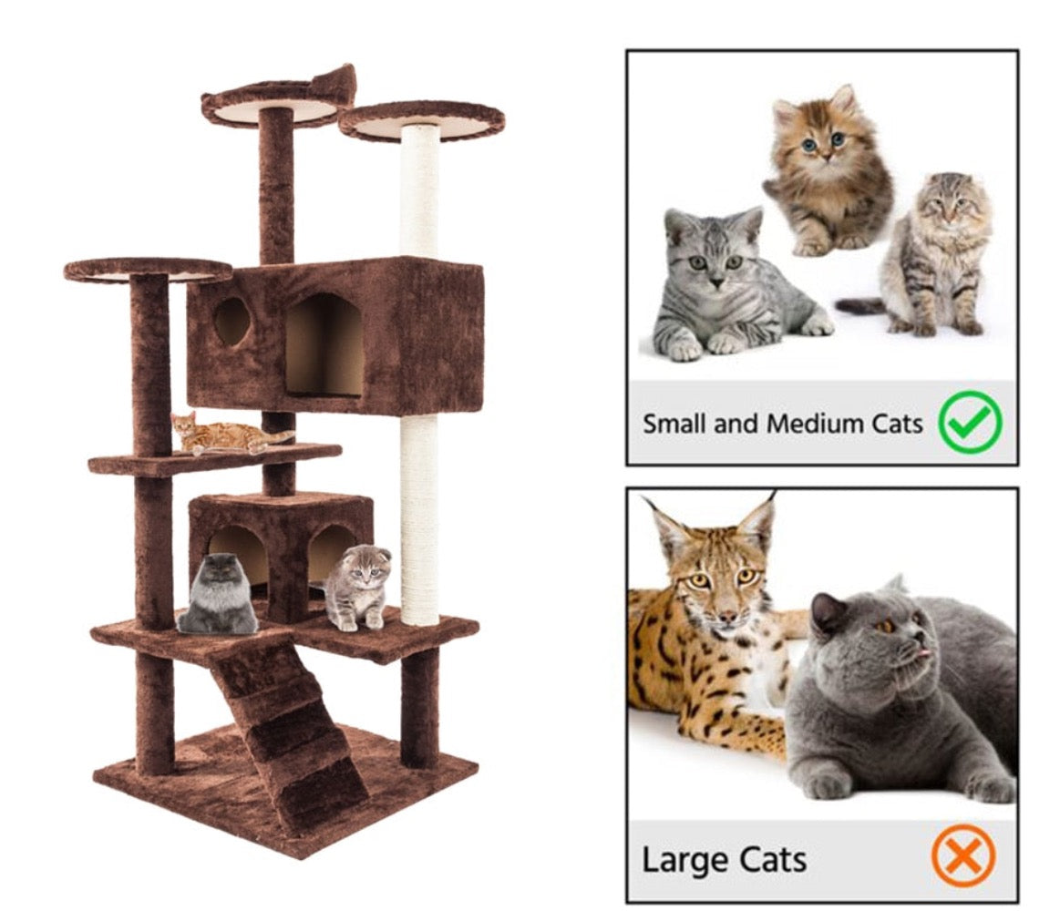 Cat Climbing Sisal Rope Tower em cor castanha, ideal para gatos pequenos e médios, oferecendo arranhadores de sisal e plataformas para descanso e diversão.