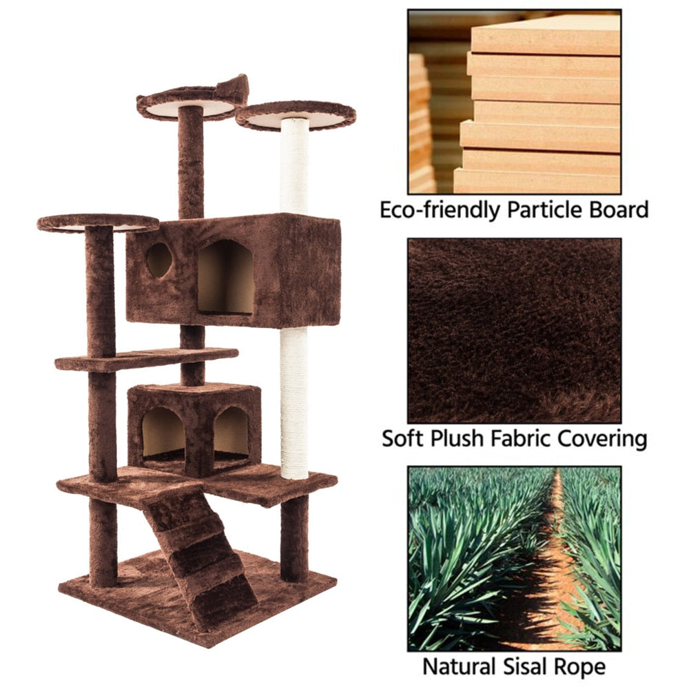 Arranhador para gatos Cat Climbing Sisal Rope Tower em tecido macio, com corda sisal natural e madeira ecológica, ideal para promover energia, vitalidade e bem-estar.