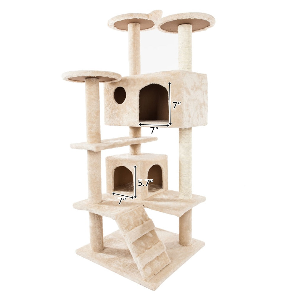 Cat Climbing Sisal Rope Tower em tom bege, com plataformas, casinhas e áreas para escalar, proporcionando diversão e conforto natural para gatos em casa.