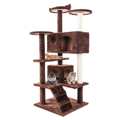 Arranhador grande em tons castanhos com torre de escalada em sisal branco, plataformas e casas para gatos, ideal para diversão e descanso com o Cat Climbing Sisal Rope Tower.