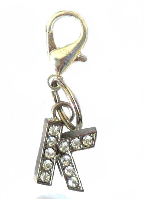 Pingente em forma da letra K com cristais brilhantes, com fecho prateado, integrado na coleção A-Z Crystal Letter Pet Charms, suplementos premium naturais para energia, vitalidade e saúde cognitiva.