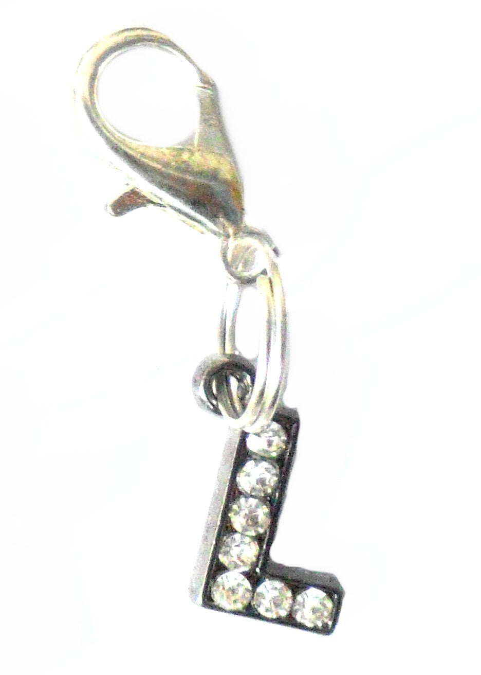 Pendente em formato de letra L com cristais brilhantes, parte da coleção A-Z Crystal Letter Pet Charms, ideal para adicionar elegância e estilo personalizado.